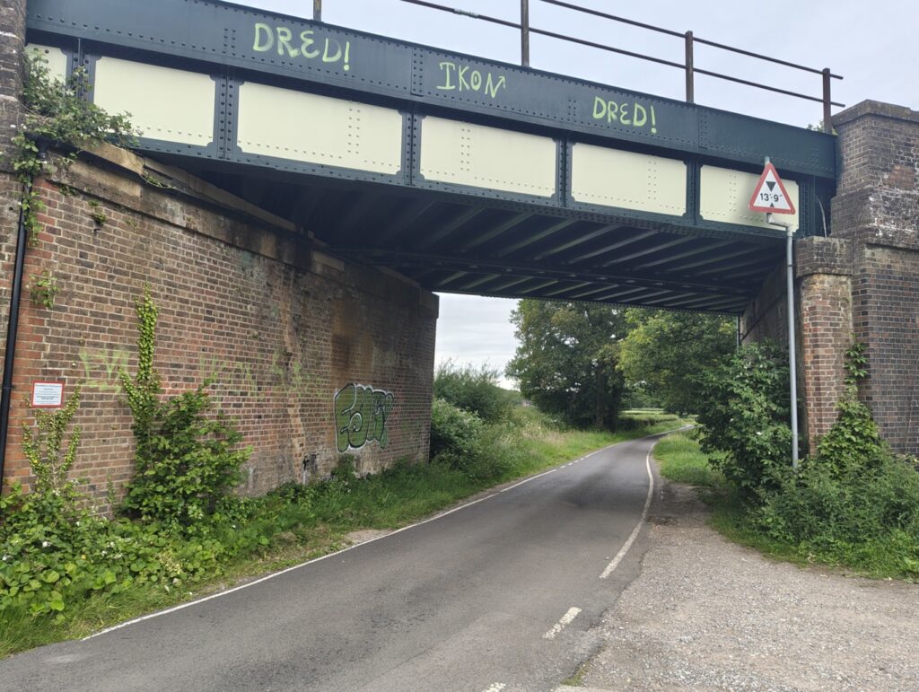 Cycle Route near Brockham showing railway bridge. Reigate Newdigate, Brockham and Leigh cycle routes.